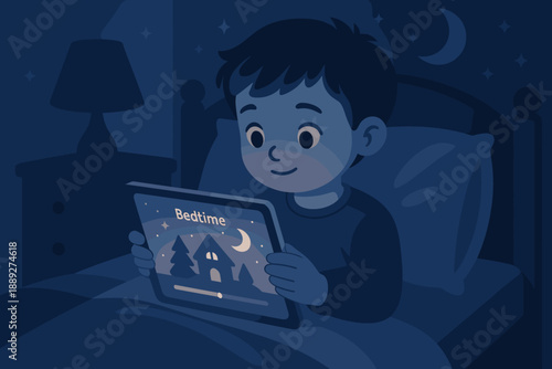 Child using a tablet in bed at night, focused on a bedtime story or game while surrounded by a dark room with a night lamp and moonlight