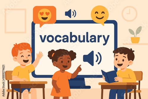 Children learn vocabulary with fun activities and technology in a classroom setting with bright visuals and sound elements