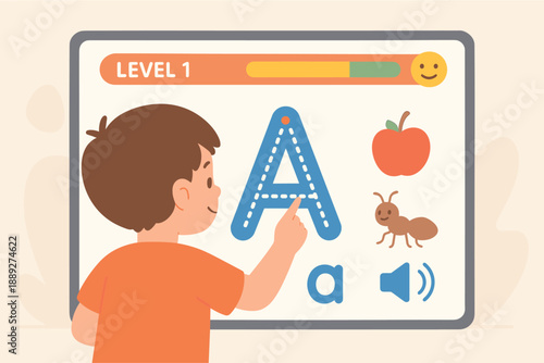 Child interacts with educational screen learning letters and objects in a bright learning environment