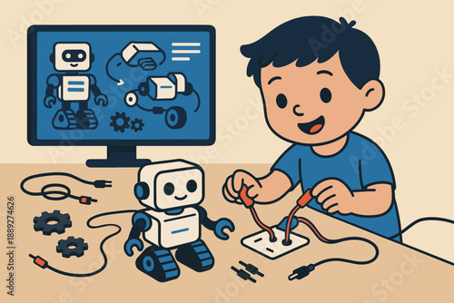Child engages in robotics project with a small robot and computer screen, learning about technology and building skills