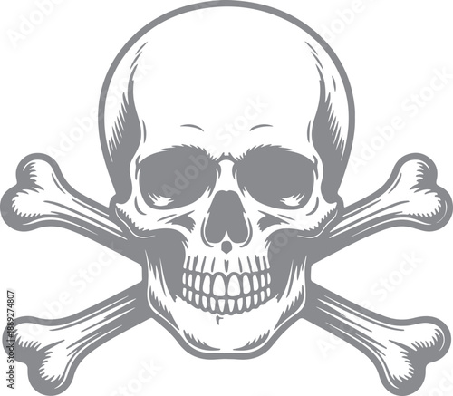 Gray skull and crossbones symbol on transparent background