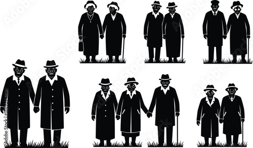 Elderly couples silhouette standing together outdoors, black vector illustration symbolizing aging, companionship, love, relationship, and peaceful retirement life