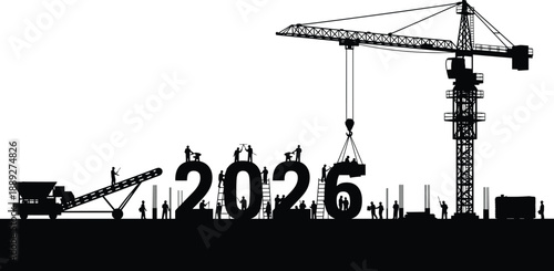 Construction workers assembling 2026 numbers, black silhouette vector illustration symbolizing progress, planning, future development, teamwork, and industrial design