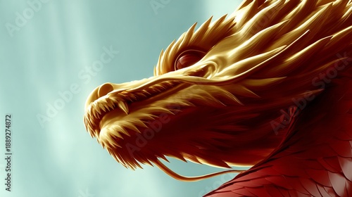 Majestic golden dragon head with detailed scales and vivid colors against a pale sky