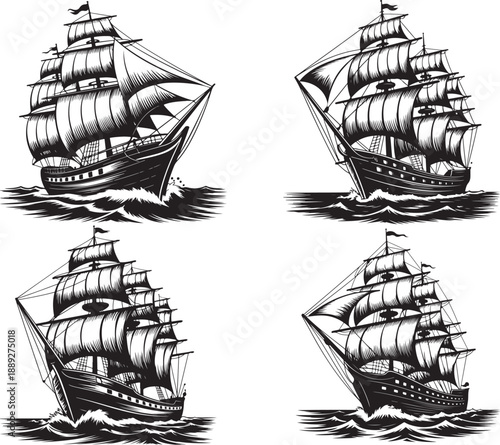 four black and white sailing ships on water