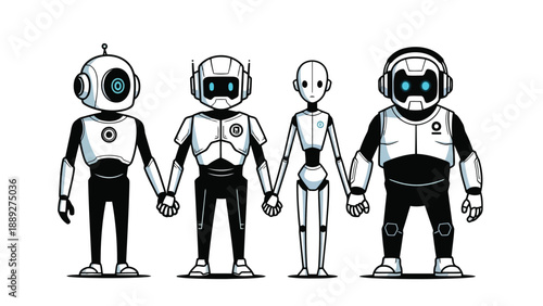 Four stylized robots holding hands representing unity and futuristic companionship high quality professional