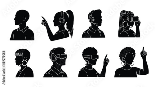 Diverse group of silhouettes showcasing people with various virtual and augmented reality headsets
