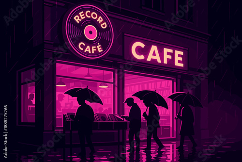 Rainy night outside a record cafe with people walking under umbrellas in a city setting