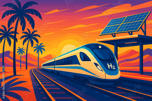 Train travels through desert landscape at sunset with palm trees and solar panels