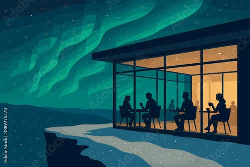People sit in a modern room enjoying drinks while watching the northern lights after sunset in a remote location