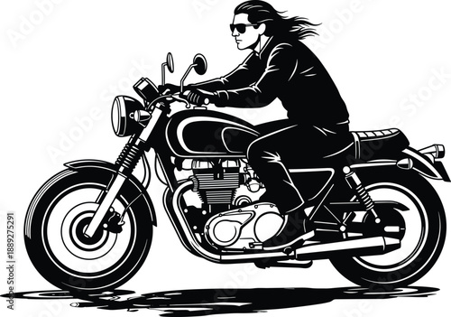 Motorcycle rider silhouette in motion, black vector illustration with classic bike, sunglasses, speed, freedom, adventure, retro style, and design