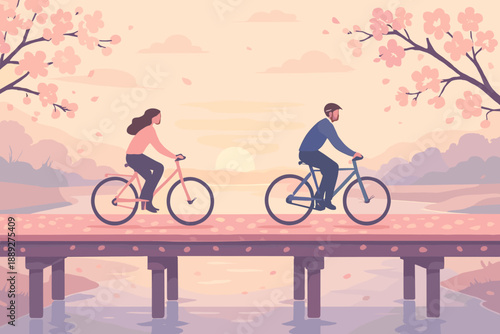 Cyclists ride on a wooden bridge during sunset with blooming trees beside a body of water