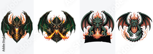 Four fierce green dragons breathing fire and surrounded by flames mythical creature fantasy