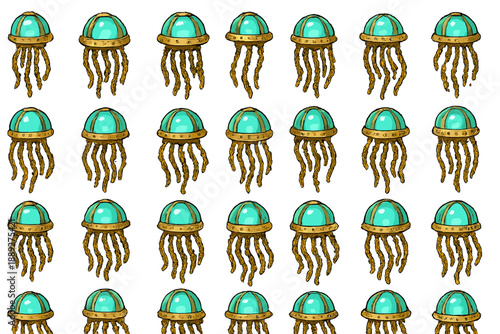 Many jellyfish designs with different colors and patterns in a repetitive style for a fun art display