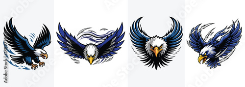Four stylized eagle illustrations with spread wings and sharp details in blue black and white bird raptor