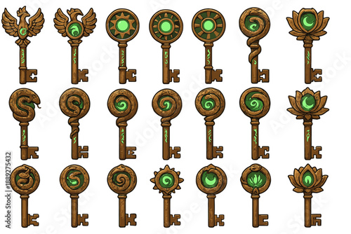 Different types of keys are displayed together showing their unique designs, shapes, and symbols in a clear layout