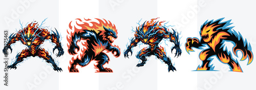 Four stylized fire and lightning monsters with sharp claws and teeth electric creature