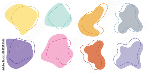 Collection of twelve simple colorful abstract organic blob shapes in various pastel and bright hues, vector illustration