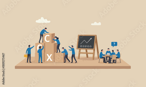Customer with blue building cube wooden block with acronym CX on table with blackboard, user review or feedback.