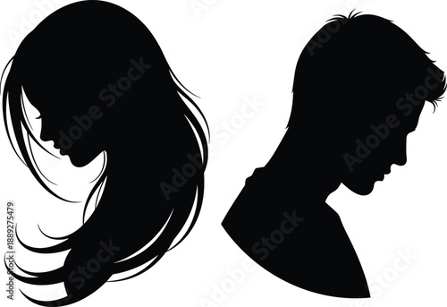 Silhouettes of two people facing away, black vector illustration symbolizing emotional distance, separation, introspection, relationship tension, and reflection
