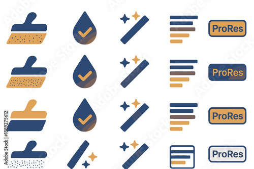 Icons showing tools, effects, and formats for video editing in a clean layout with simple designs and clear symbols