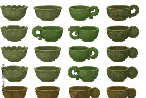 Various shapes and designs of bowls and cups in different shades of green display on a white background