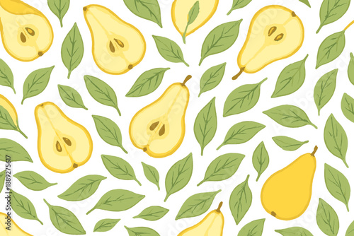 Pattern of yellow pears and green leaves on white background for design and decoration