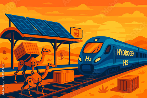 Train carries hydrogen at solar-powered station with camels and cargo nearby in desert landscape during sunset