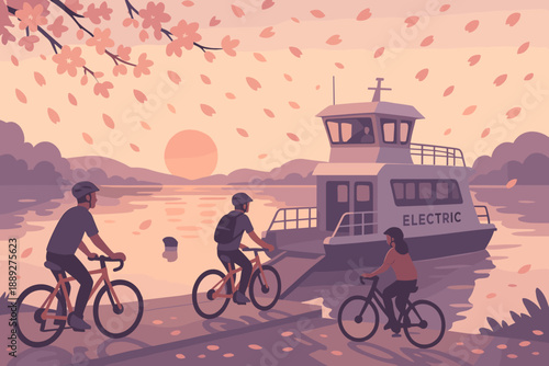 Biking by the water with a ferry at sunset in a serene evening setting