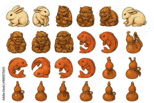 Collection of clay figurines featuring animals and mythical creatures displayed in a grid on a white background