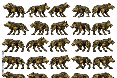 Figures of wolves in various poses with a focus on intricate designs and yellow details in a repeating pattern across the layout