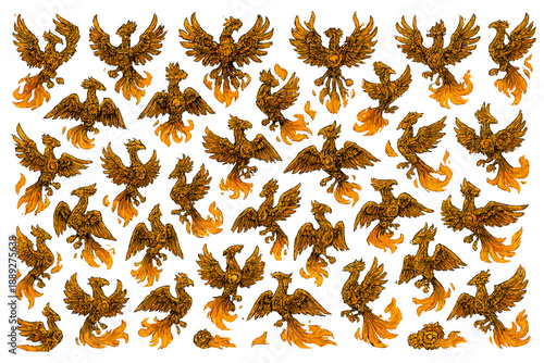 Various designs of mythical phoenix birds in different poses and positions against a white background