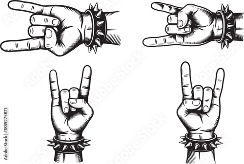 Four hands with spiked cuffs making different gestures