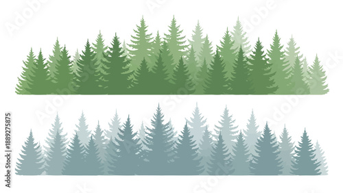 Stylized illustration depicting two rows of coniferous trees in varying shades of green