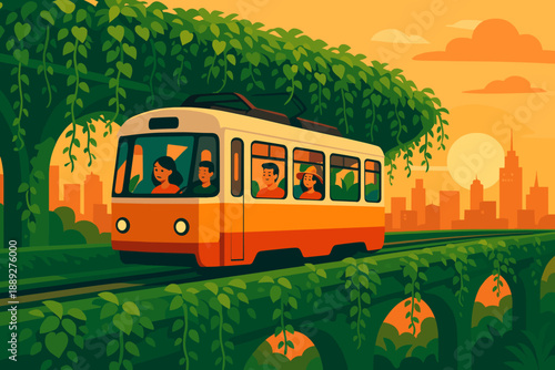 People ride on a tram through a city landscape during sunset with green vines around the tracks and buildings in the background