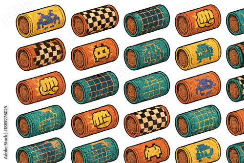 Various designs of game tokens arranged in rows on a flat surface during daylight