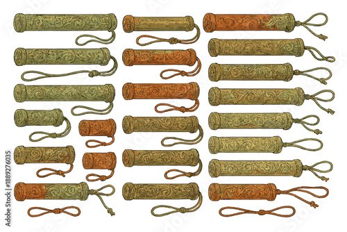 Crafted tubes made with decorative designs shown in various colors on a light background during daytime