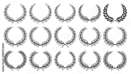A collection of monochrome laurel wreaths arranged in a grid pattern showcasing botanical designs