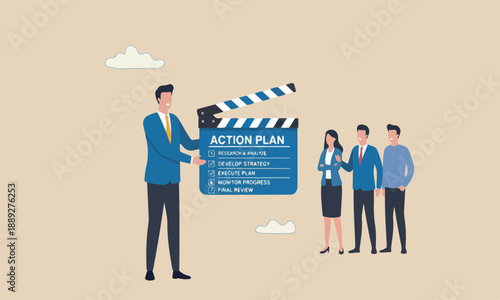 Action with checklist meeting teams central step of business implementation, procedure strategy plan finish project concept, businessman manager with director clapboard or slate listing action plan st