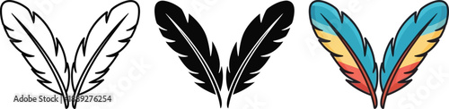 Collection of feather illustrations in outline, silhouette, and vibrant color styles for diverse design needs isolated on white background, Vector