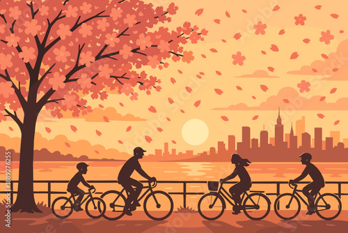 Biking along the waterfront with cherry blossoms in the spring at sunset near a city skyline