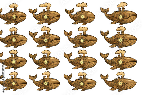 Steampunk whales with gears and pipes swim along white background in a creative design pattern