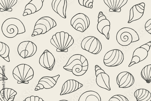 Patterns of shells found on a beach with different shapes and designs creating a simple layout on a light background
