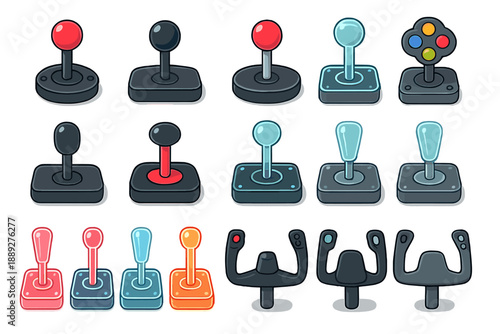 Different types of game controller joysticks arranged in a grid showing various designs and colors for gaming
