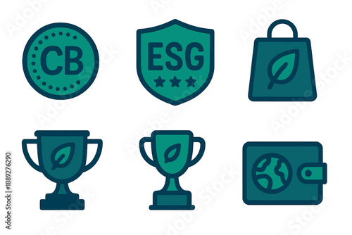 Various green icons representing sustainability, environment, and awards in a simple design on a light background