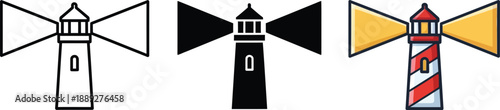 A set of lighthouse icons displaying various design styles including outline, solid, and colorful versions isolated on white background, Vector