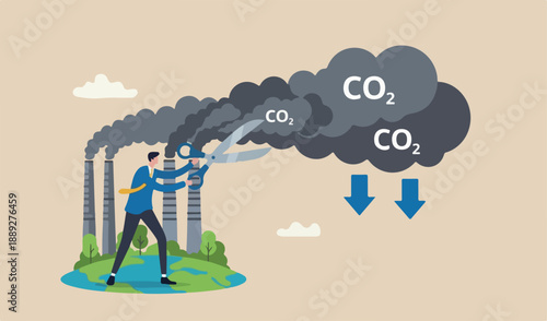 Reduce carbon footprint, decrease emission and pollution produce, global warming environmental recovery plan concept, businessman country leader cutting CO2 carbon dioxide smoke from industrial