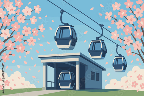 Cable cars move above a building with cherry blossoms in bloom near a mountain on a clear day