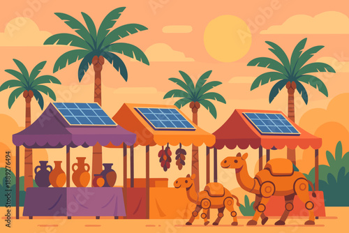 Colorful market scene with solar panels and camels during sunset in a desert landscape
