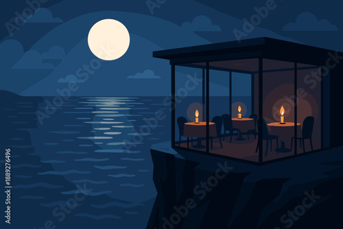 Dining by the sea at night with moonlight shining over the water and candles on tables in a modern restaurant
